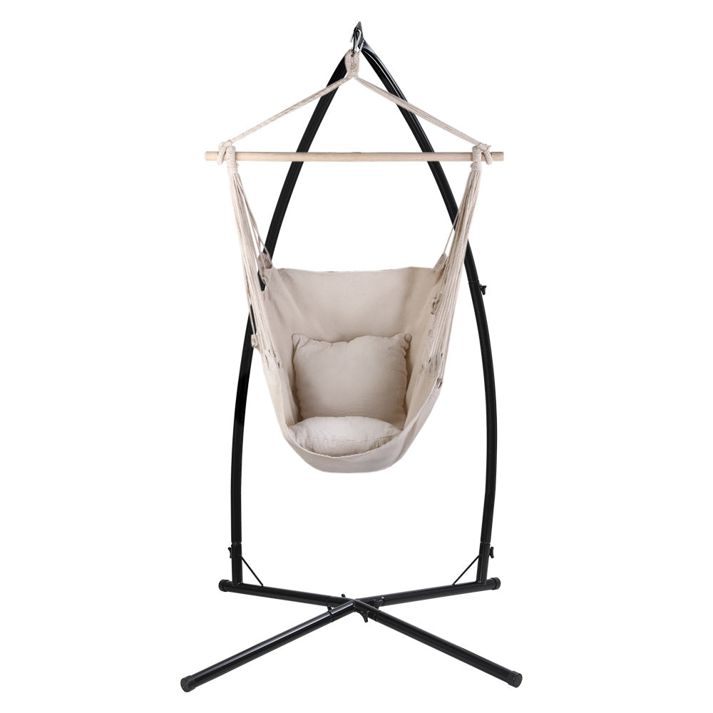 Outdoor Hanging Hammock Pillow Chair with Steel Stand - Cream