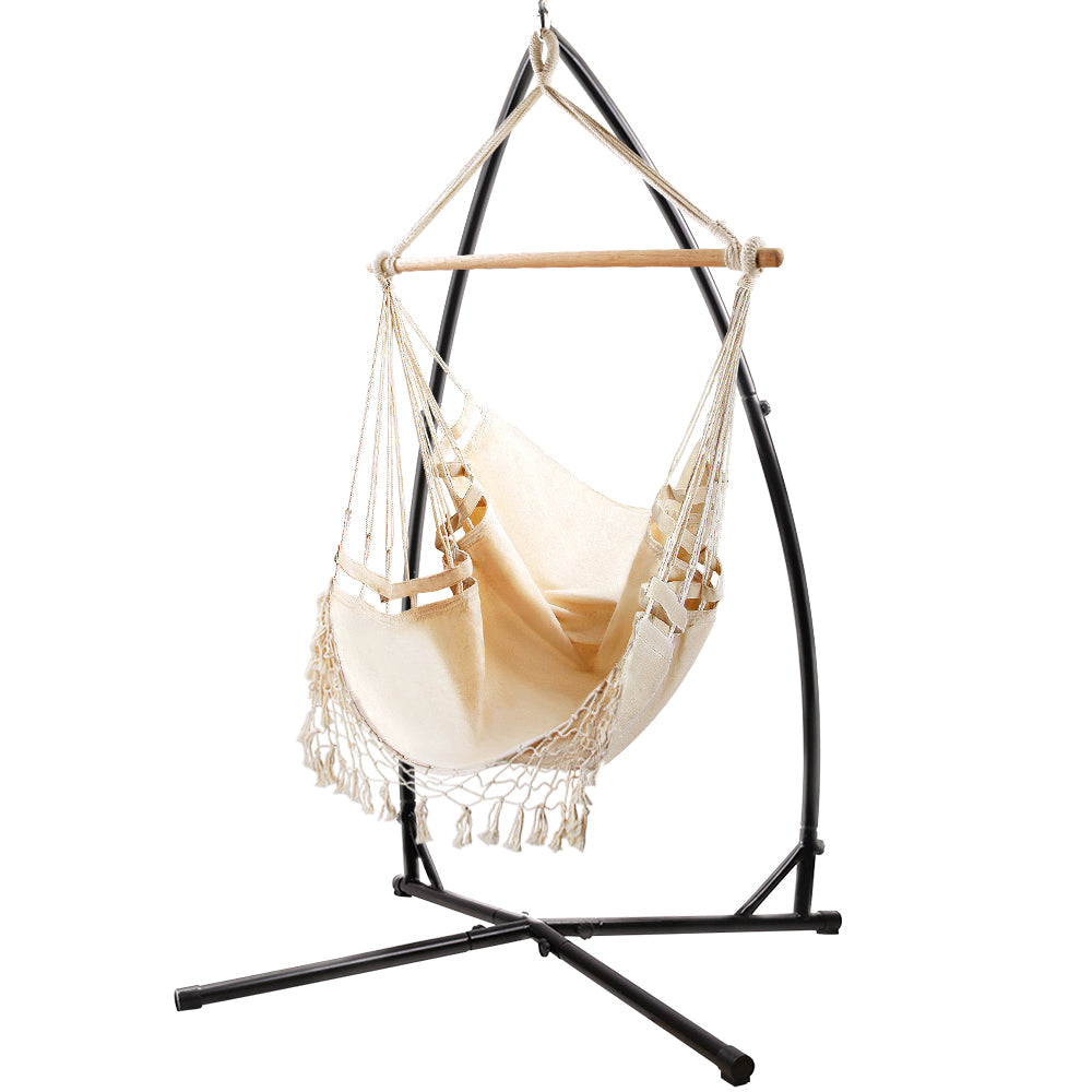 Outdoor Hammock Chair with Steel Stand Tassel Hanging Rope - Cream