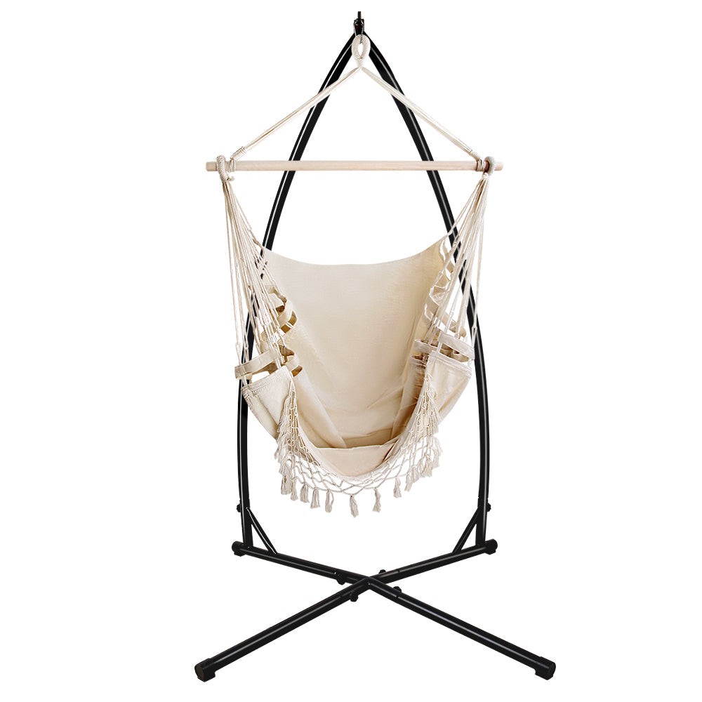 Outdoor Hammock Chair with Steel Stand Tassel Hanging Rope - Cream