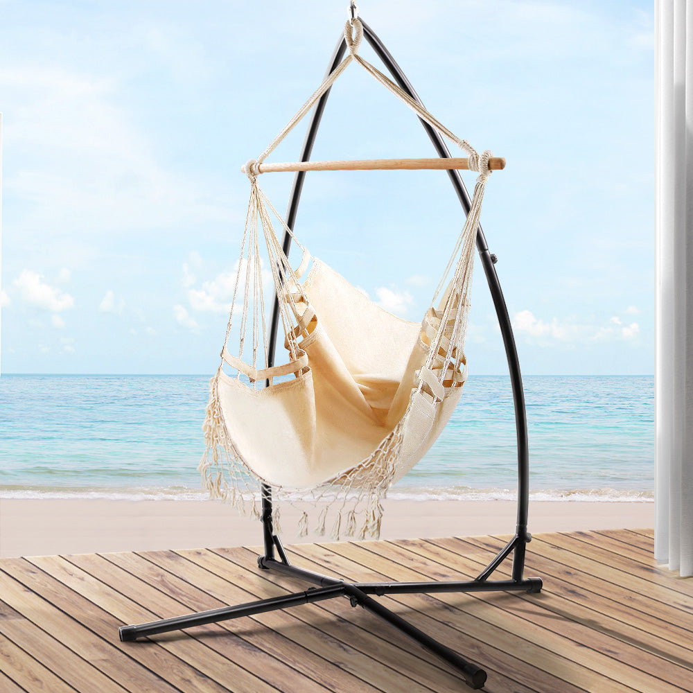 Outdoor Hammock Chair with Steel Stand Tassel Hanging Rope - Cream