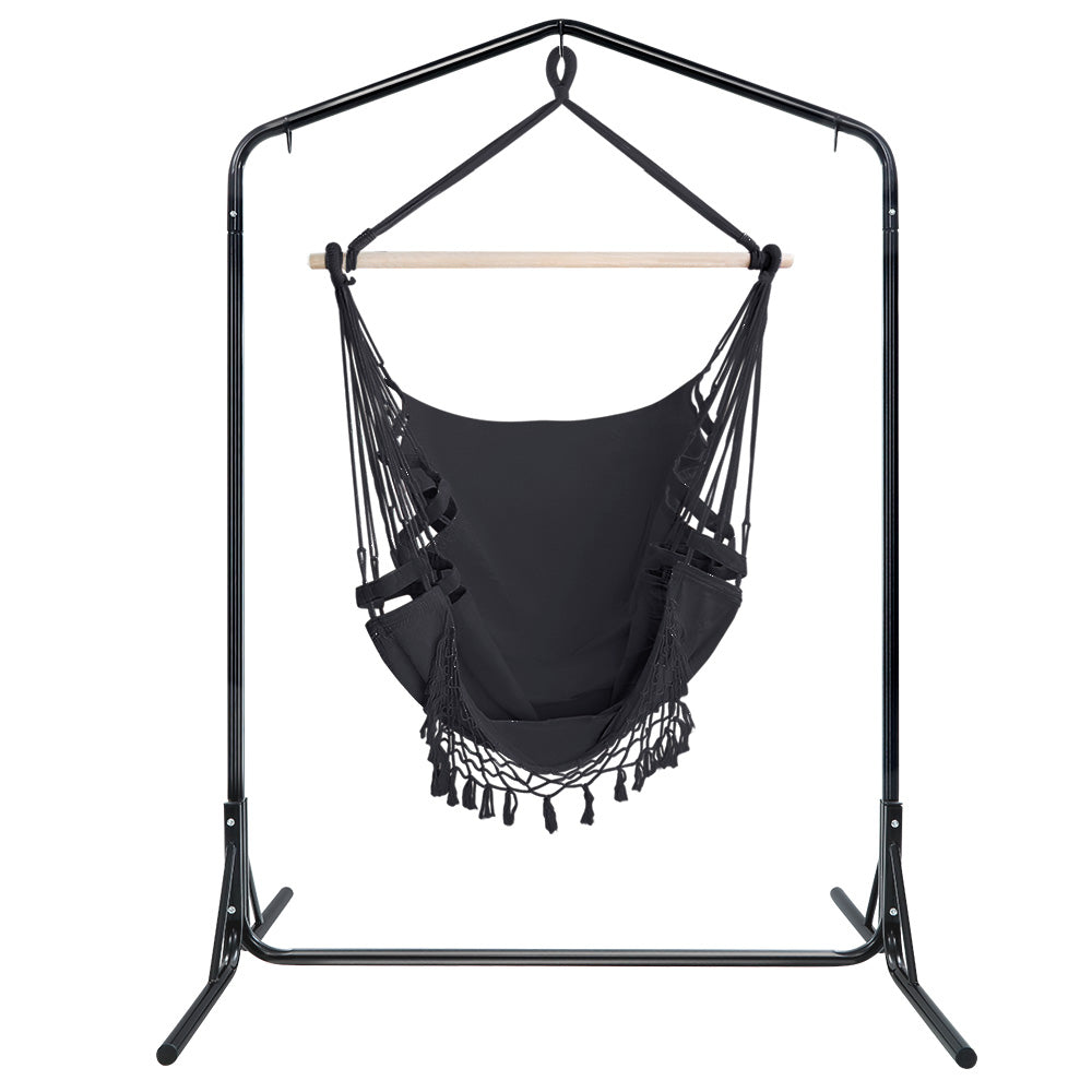 Outdoor Hammock Chair with Stand Tassel Hanging Rope - Grey