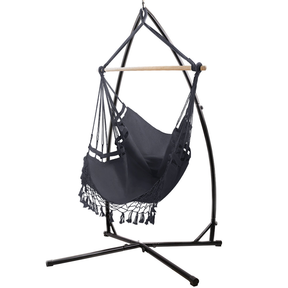 Outdoor Hammock Chair with Steel Stand Tassel Hanging Rope - Grey