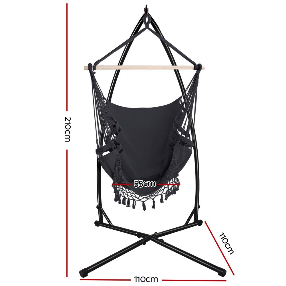 Outdoor Hammock Chair with Steel Stand Tassel Hanging Rope - Grey