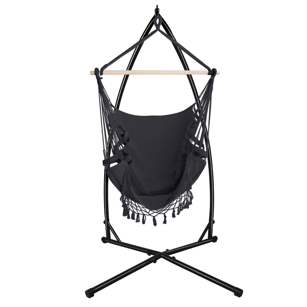 Outdoor Hammock Chair with Steel Stand Tassel Hanging Rope - Grey