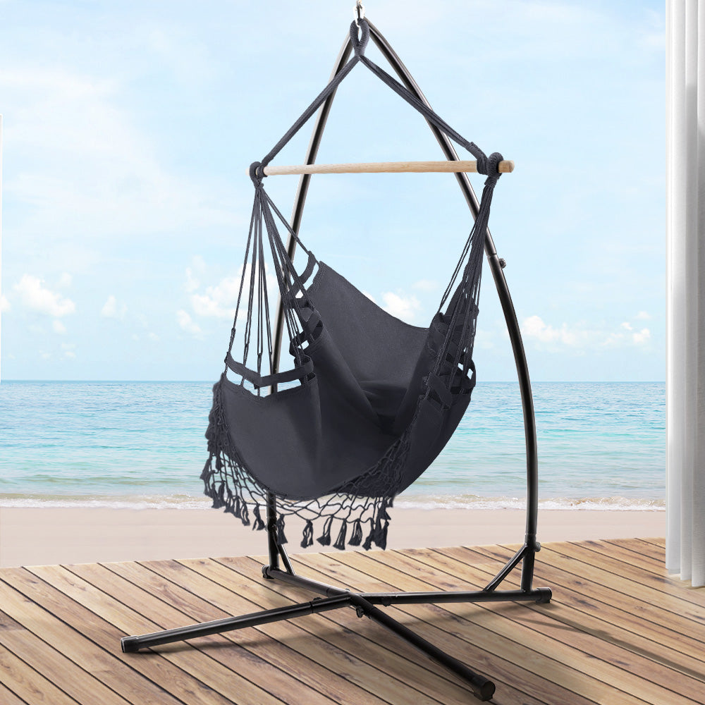Outdoor Hammock Chair with Steel Stand Tassel Hanging Rope - Grey