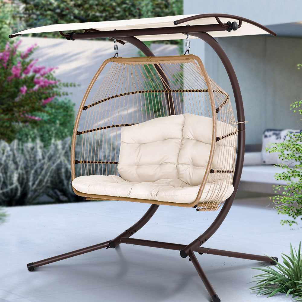 Outdoor Hanging Swing Chair Egg Hammock Rattan Lounge Chair - Latte