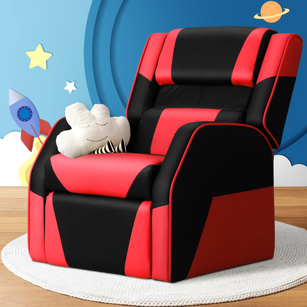 Kids Recliner Chair PU Leather Gaming Sofa Lounge Armchair - Black Red
