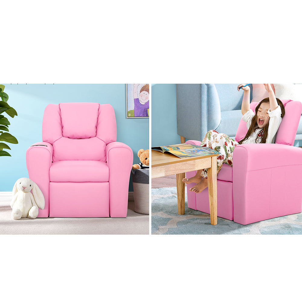 Kids Reclining Leather Armchair Couch - Pink