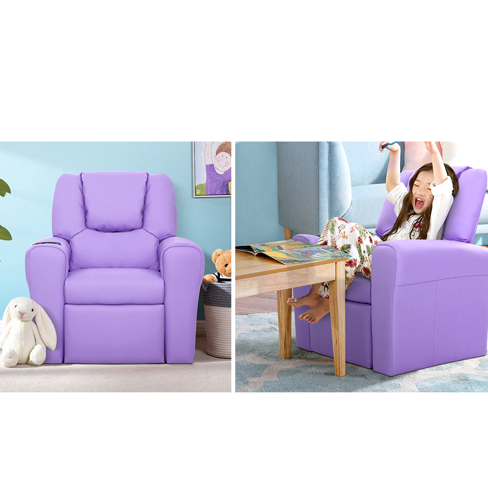 Kids Reclining Leather Armchair Couch - Purple