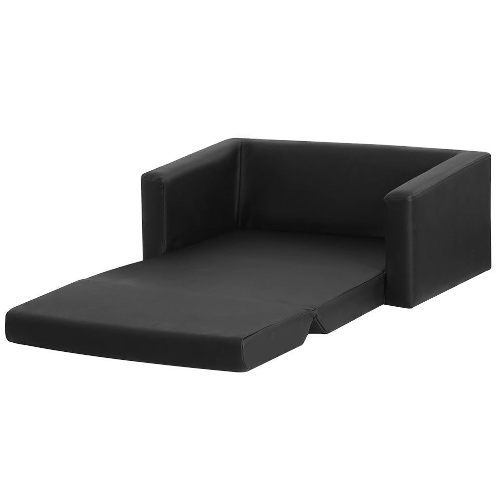 Kids Convertible Sofa PU Leather Children Longe Couch Black - 2 Seater