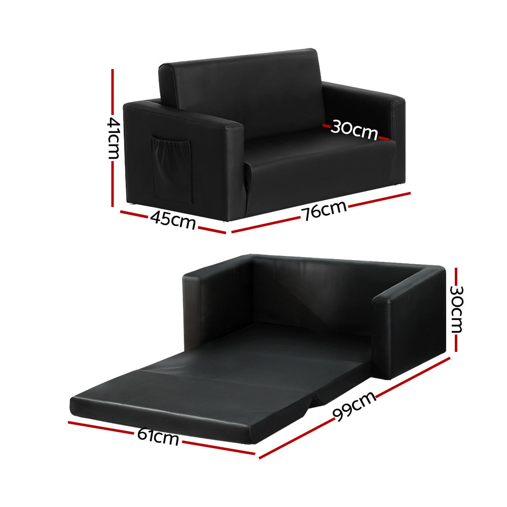 Kids Convertible Sofa PU Leather Children Longe Couch Black - 2 Seater