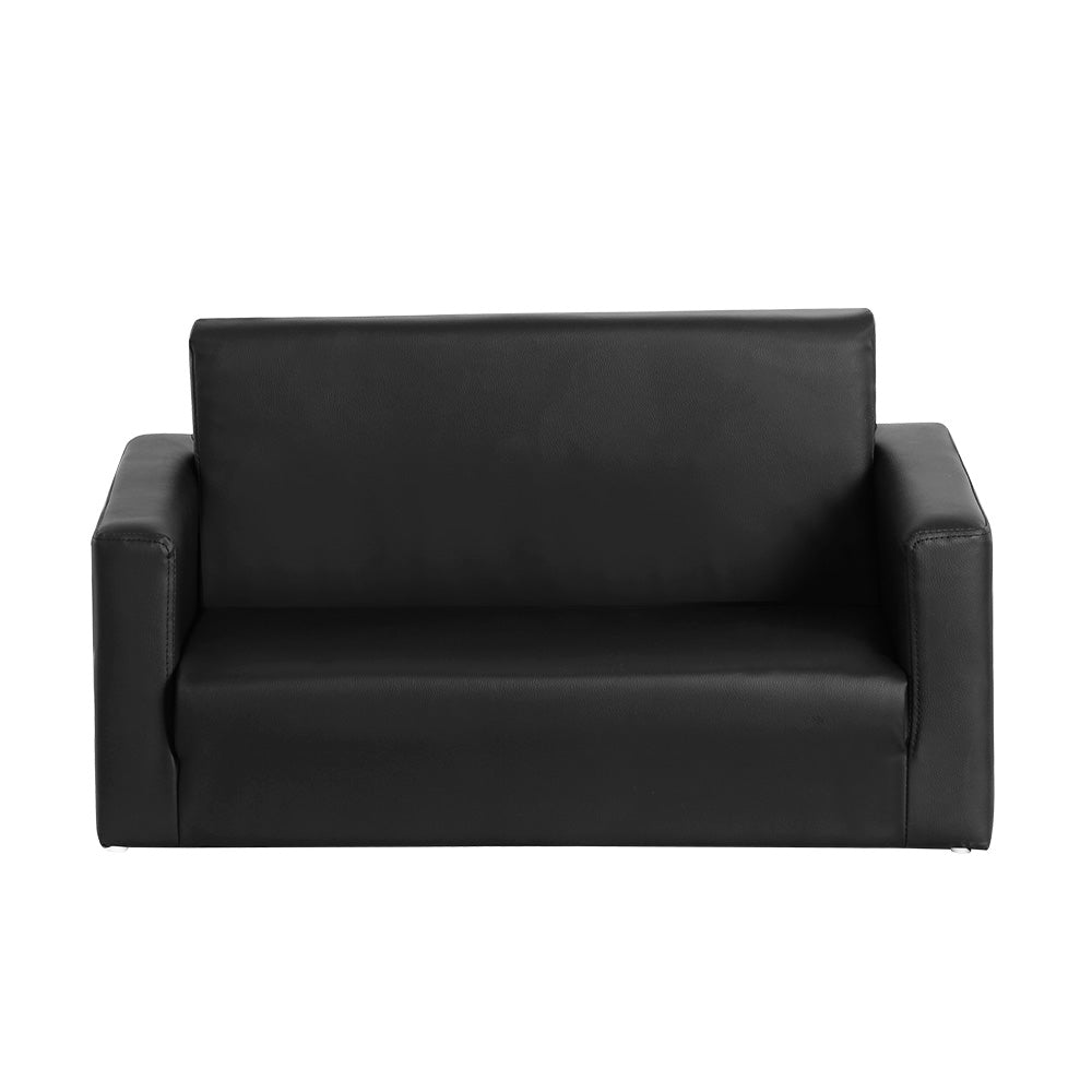 Kids Convertible Sofa PU Leather Children Longe Couch Black - 2 Seater