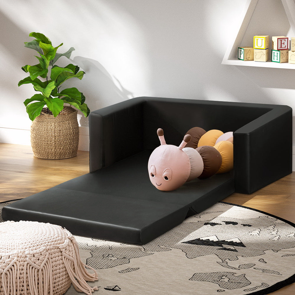 Kids Convertible Sofa PU Leather Children Longe Couch Black - 2 Seater