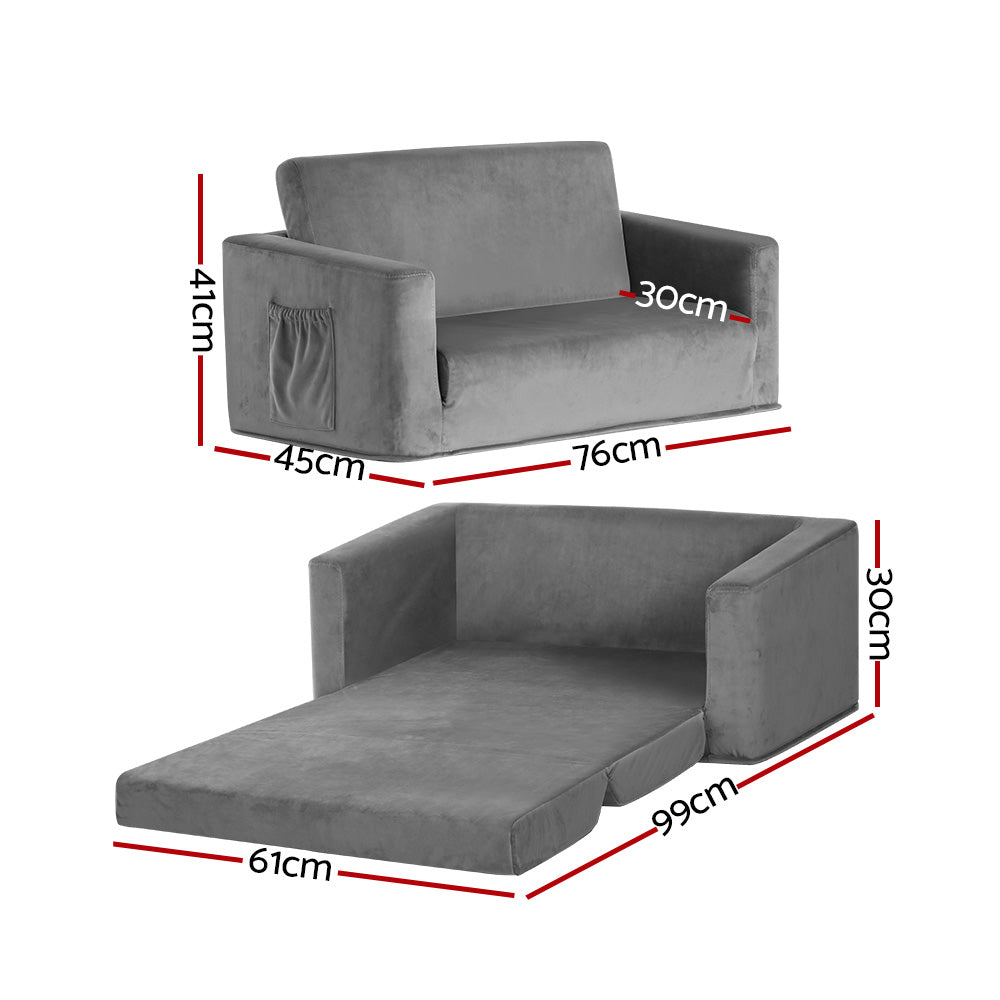 Kids Convertible Sofa Flip Open Children Longe Couch Grey - 2 Seater