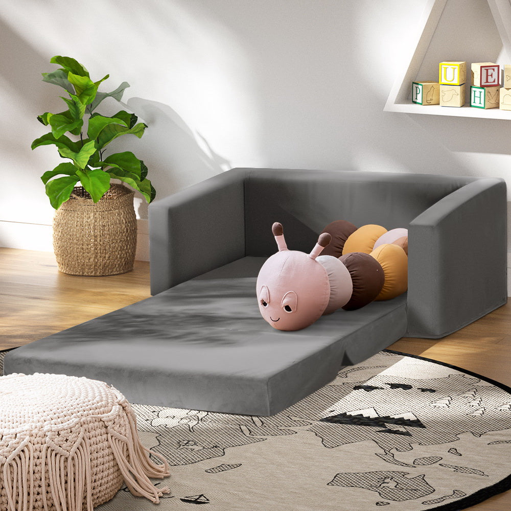 Kids Convertible Sofa Flip Open Children Longe Couch Grey - 2 Seater