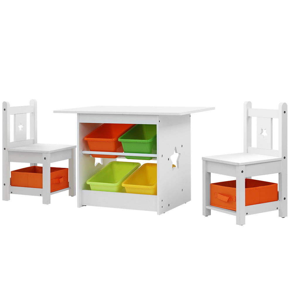Kids Table Chairs Storage Wooden Play Study Desk - Set of 3