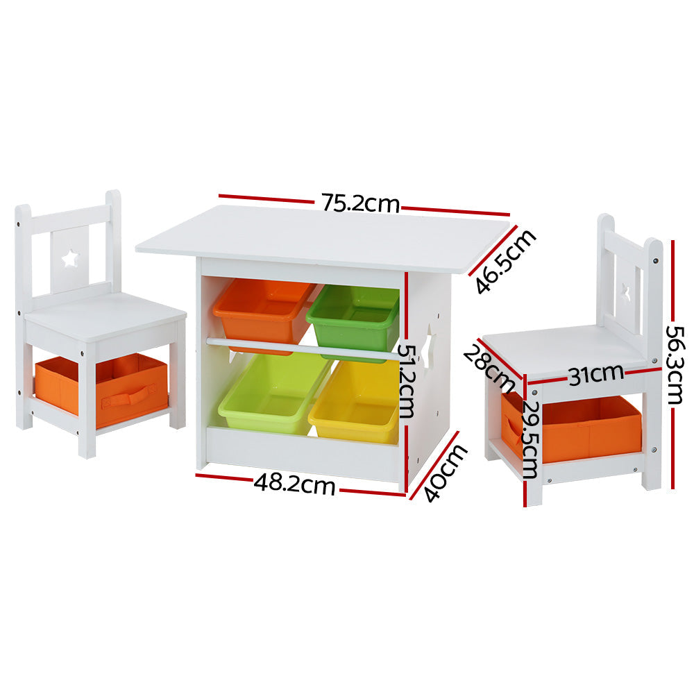 Kids Table Chairs Storage Wooden Play Study Desk - Set of 3