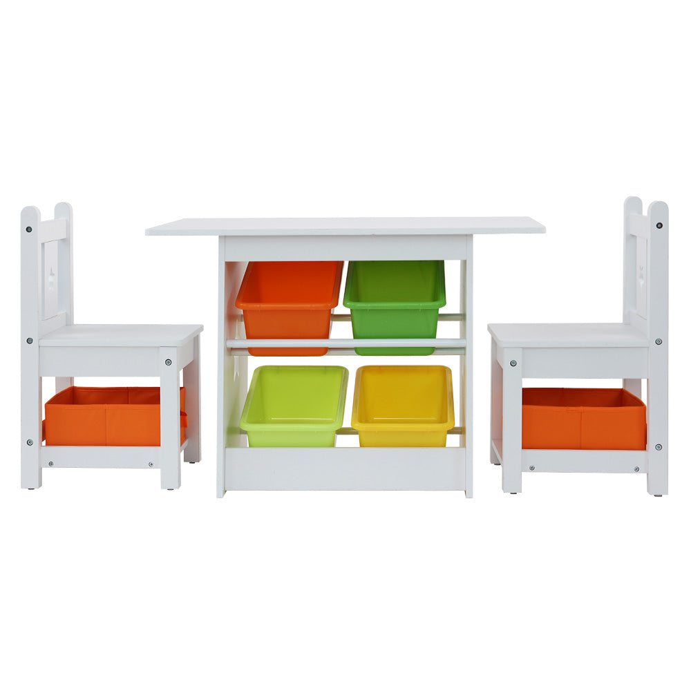 Kids Table Chairs Storage Wooden Play Study Desk - Set of 3