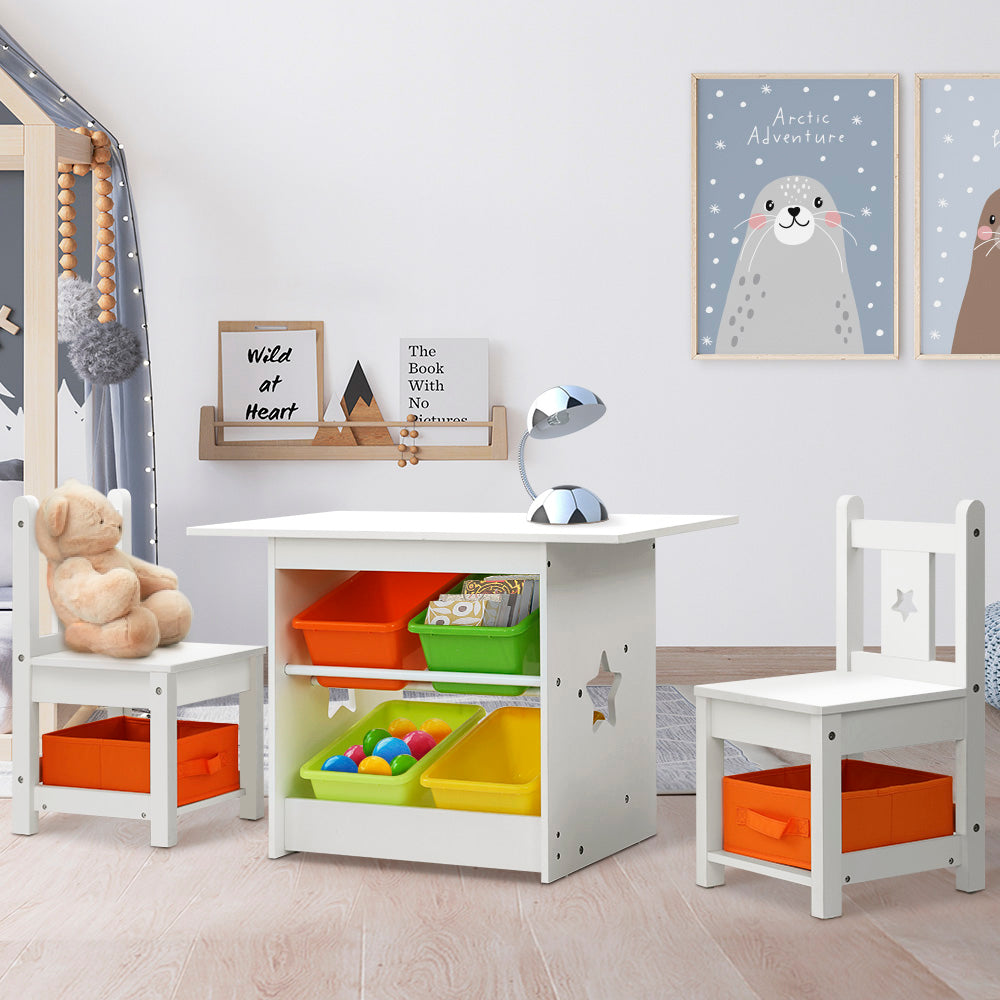 Kids Table Chairs Storage Wooden Play Study Desk - Set of 3