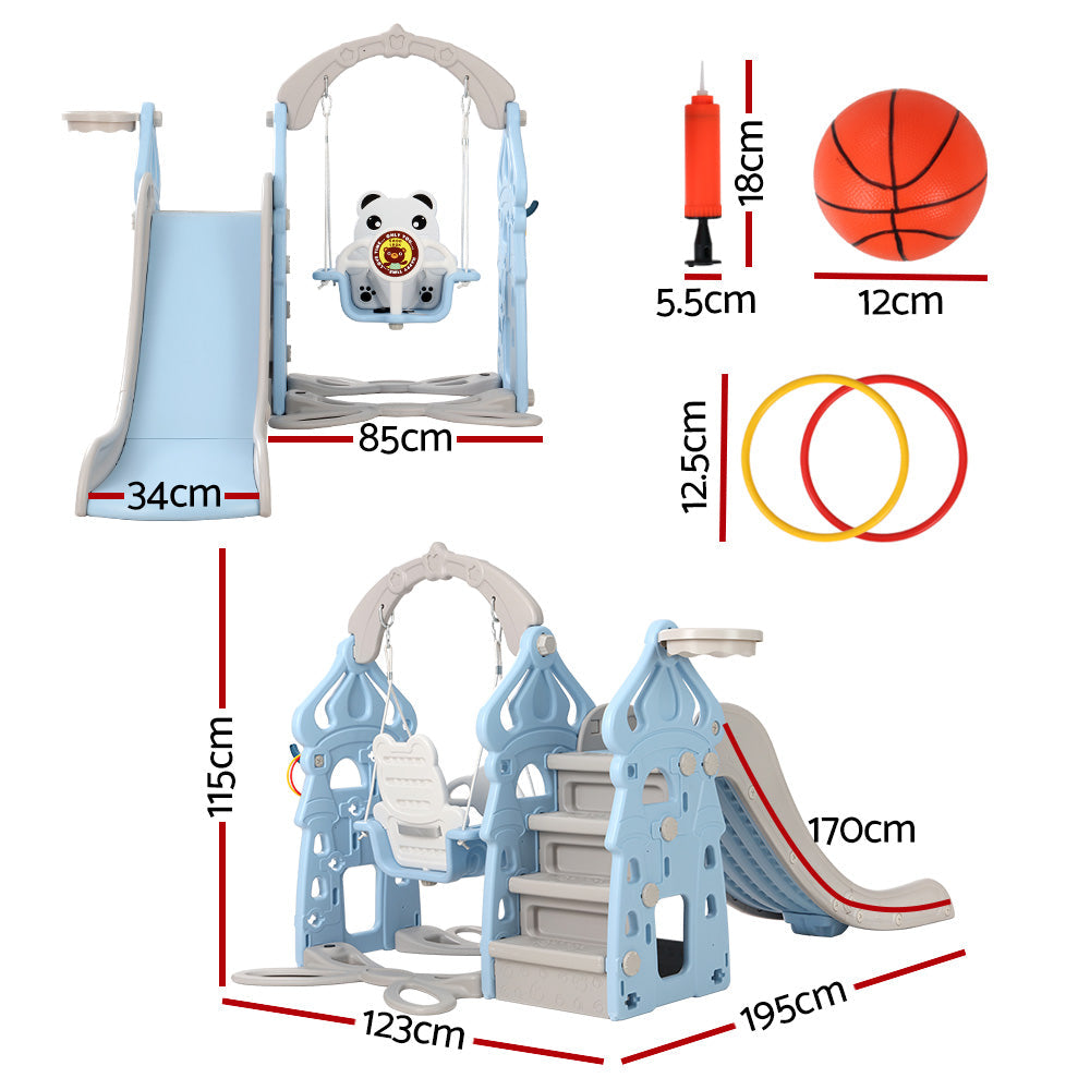 Kids Slide Swing Set Playground Basketball Hoop Outdoor Toys - Blue