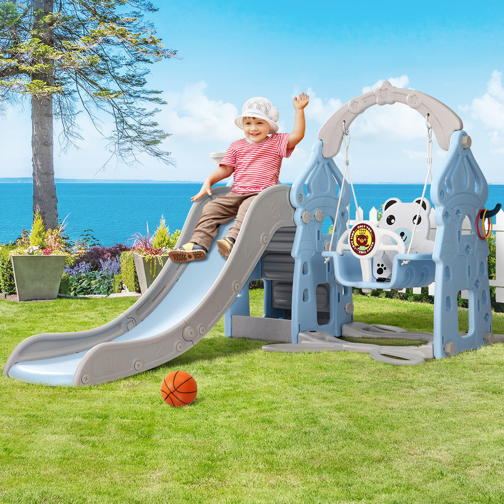 Kids Slide Swing Set Playground Basketball Hoop Outdoor Toys - Blue