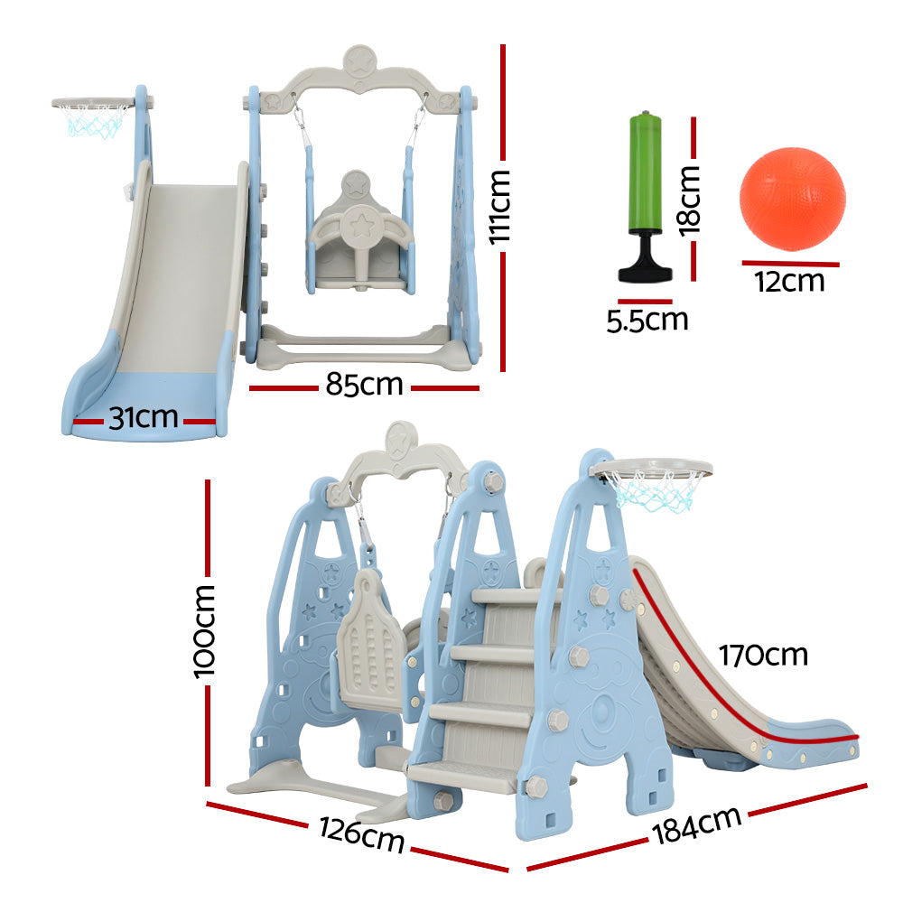 Kids Long Slide Swing Basketball Hoop Toddlers Play Set 170cm - Blue