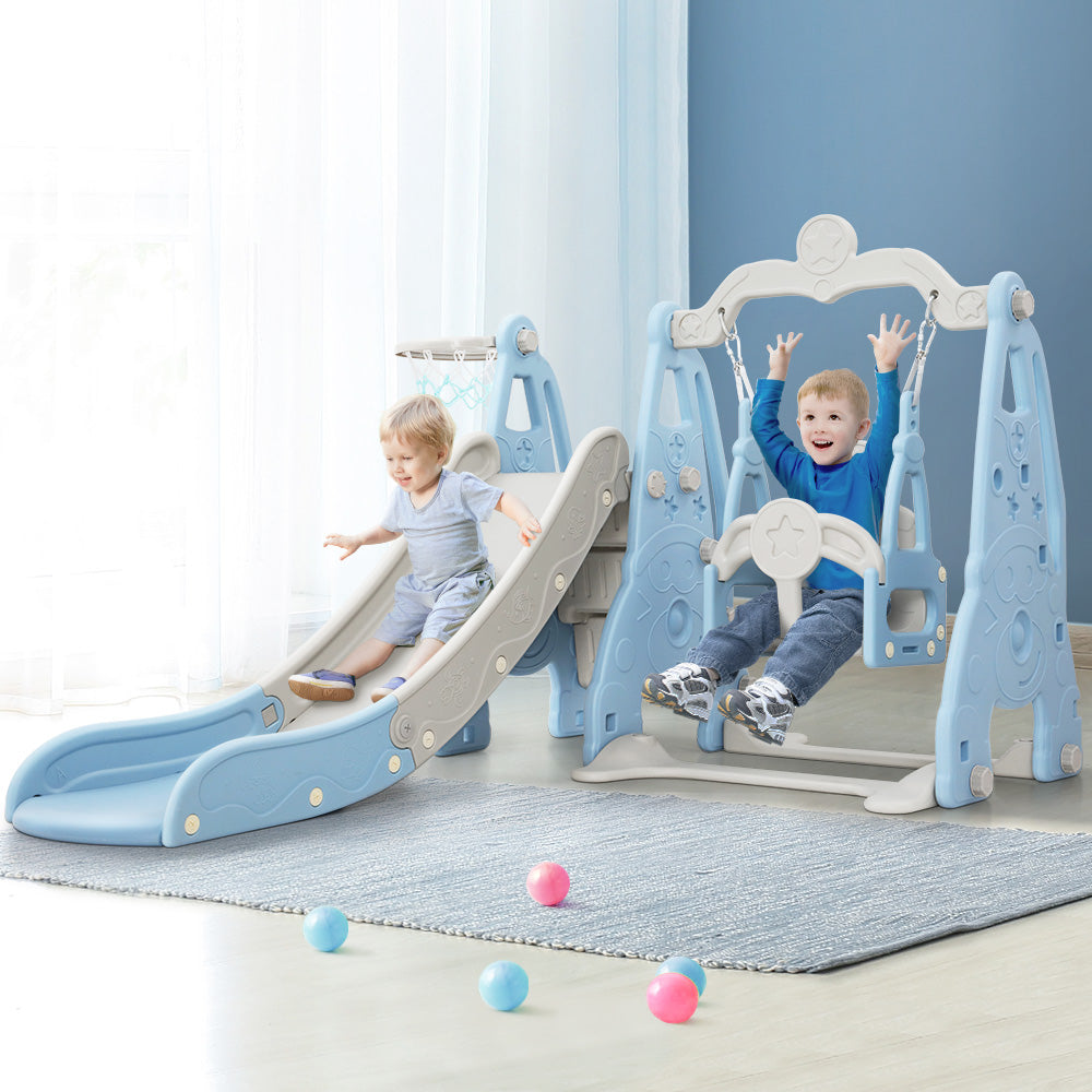 Kids Long Slide Swing Basketball Hoop Toddlers Play Set 170cm - Blue
