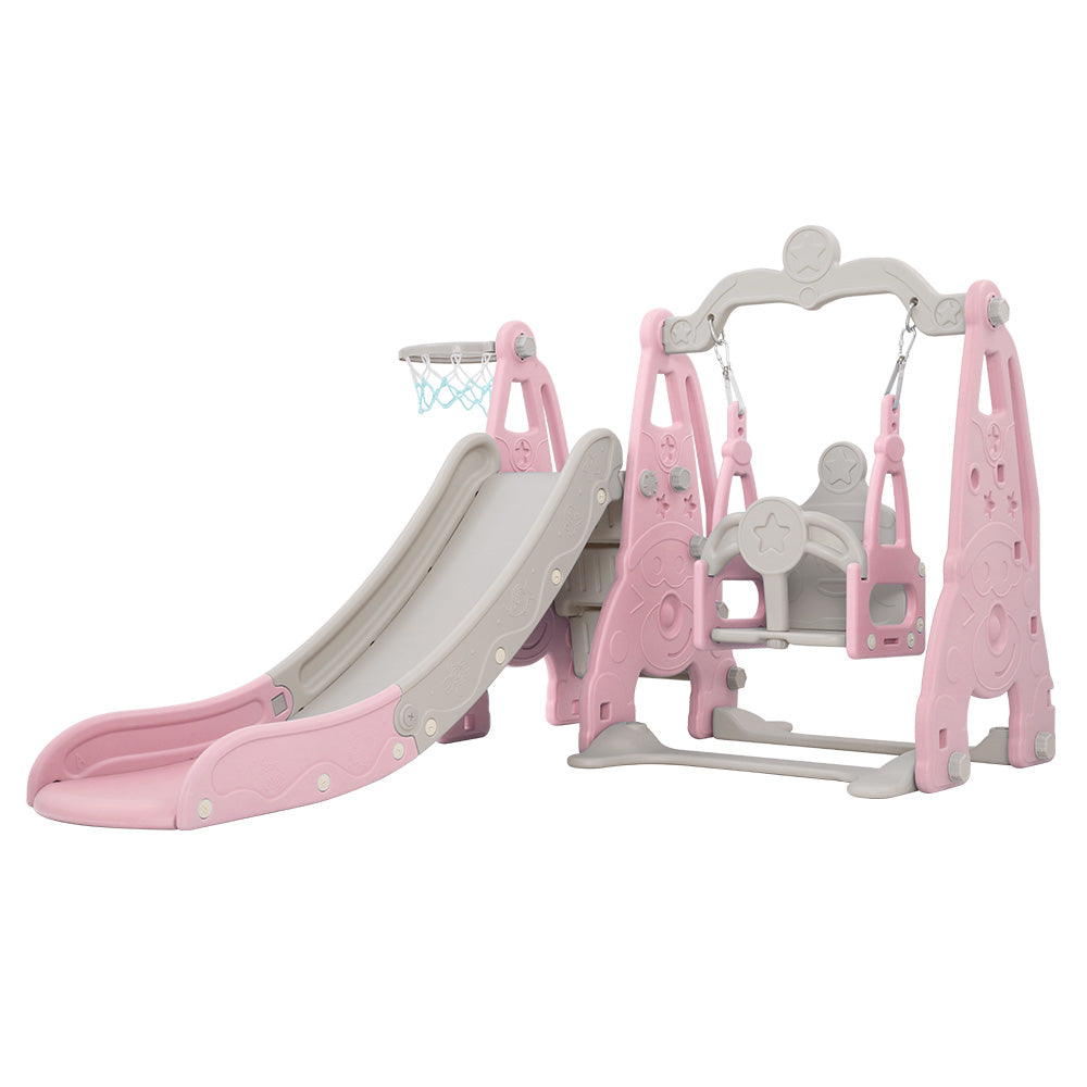 Kids Long Slide Swing Basketball Hoop Toddlers Play Set 170cm - Pink