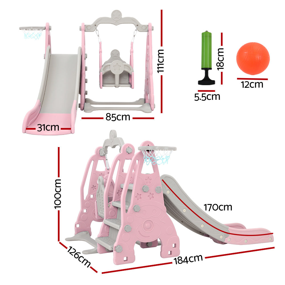 Kids Long Slide Swing Basketball Hoop Toddlers Play Set 170cm - Pink