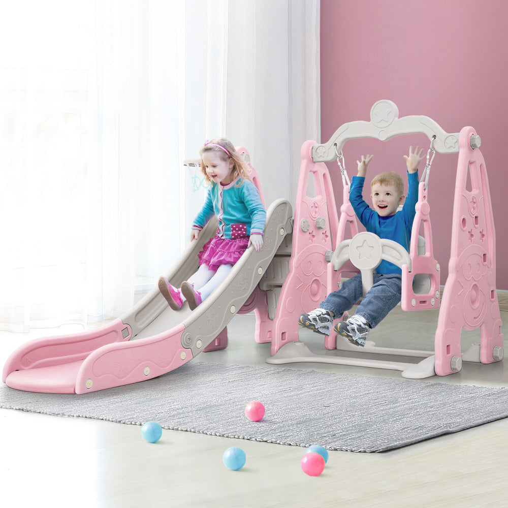 Kids Long Slide Swing Basketball Hoop Toddlers Play Set 170cm - Pink