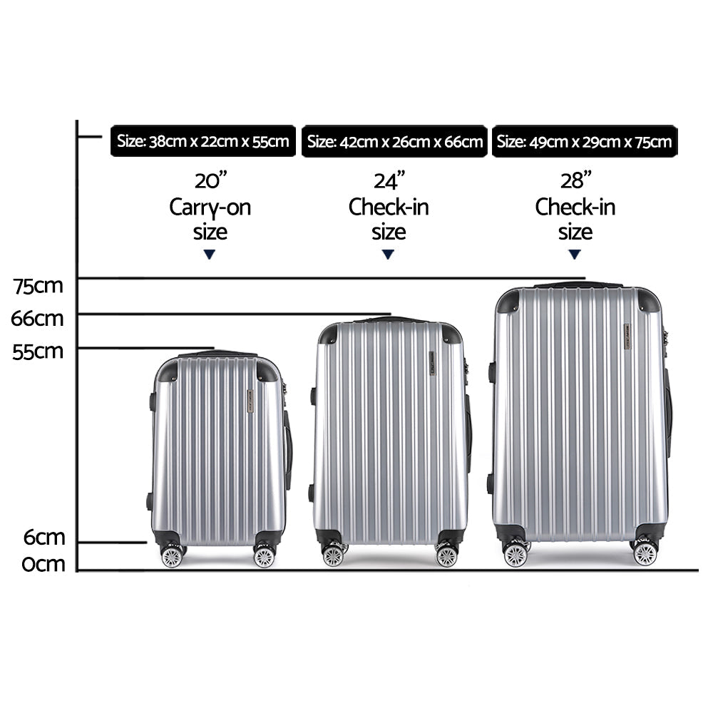 3pc Luggage Sets Trolley Travel Suitcases TSA Hard Case Silver