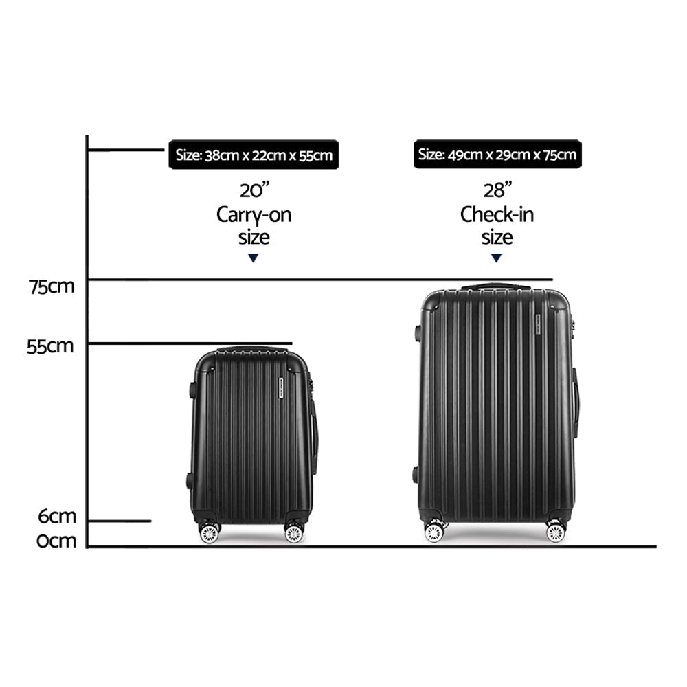 2pcs Luggage Trolley Set Travel Suitcase Hard Case Carry On Bag Black