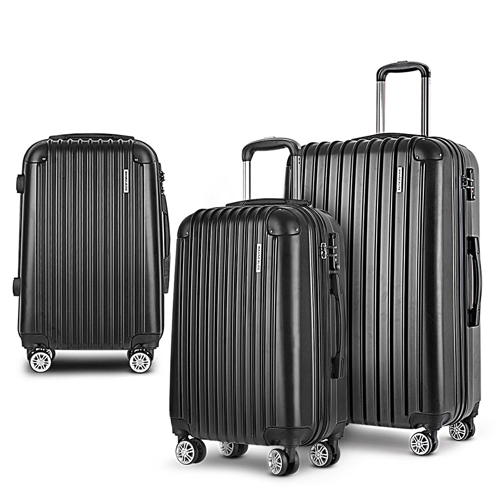 3pcs Luggage Trolley Set Travel Suitcase Hard Case Carry On Bag Black