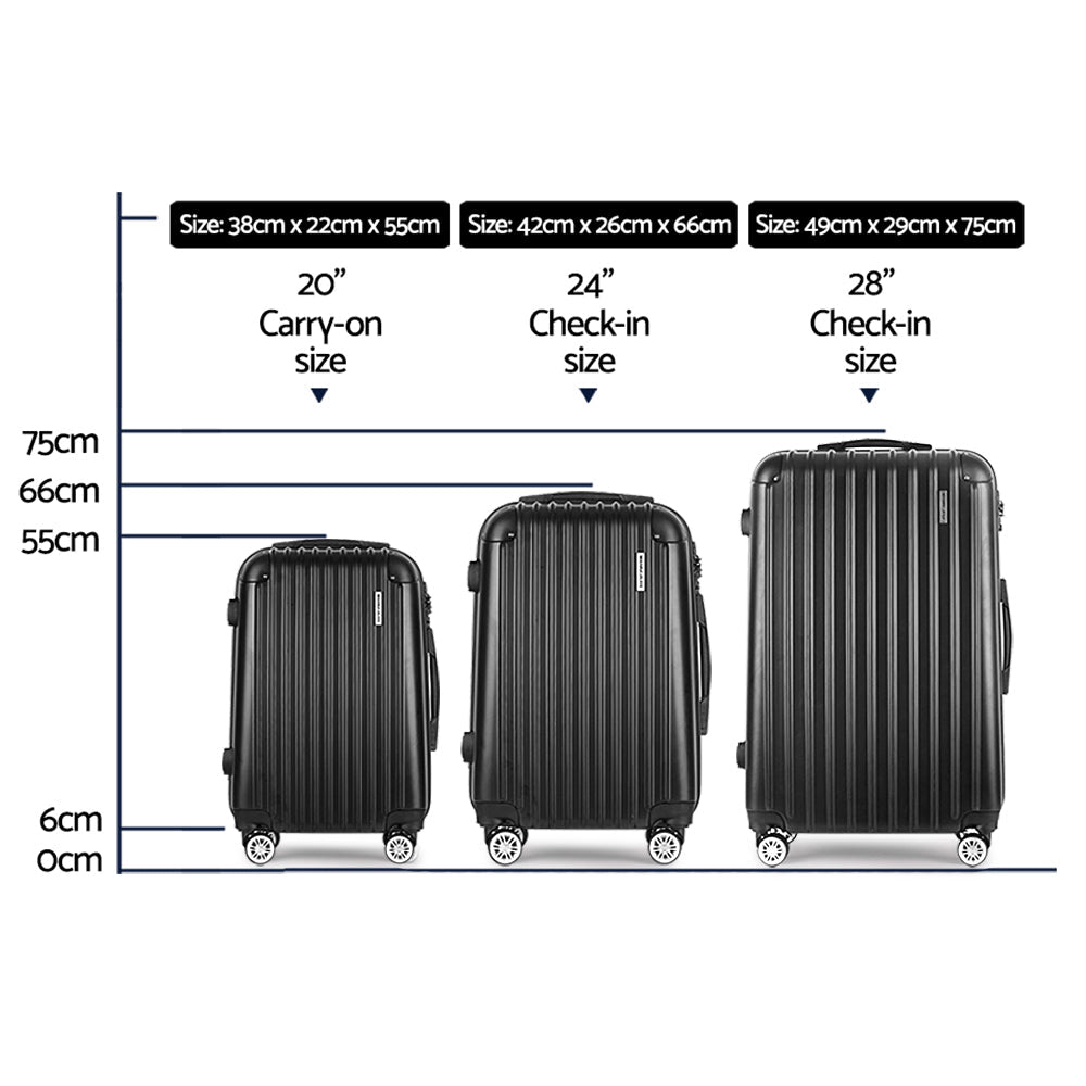 3pcs Luggage Trolley Set Travel Suitcase Hard Case Carry On Bag Black