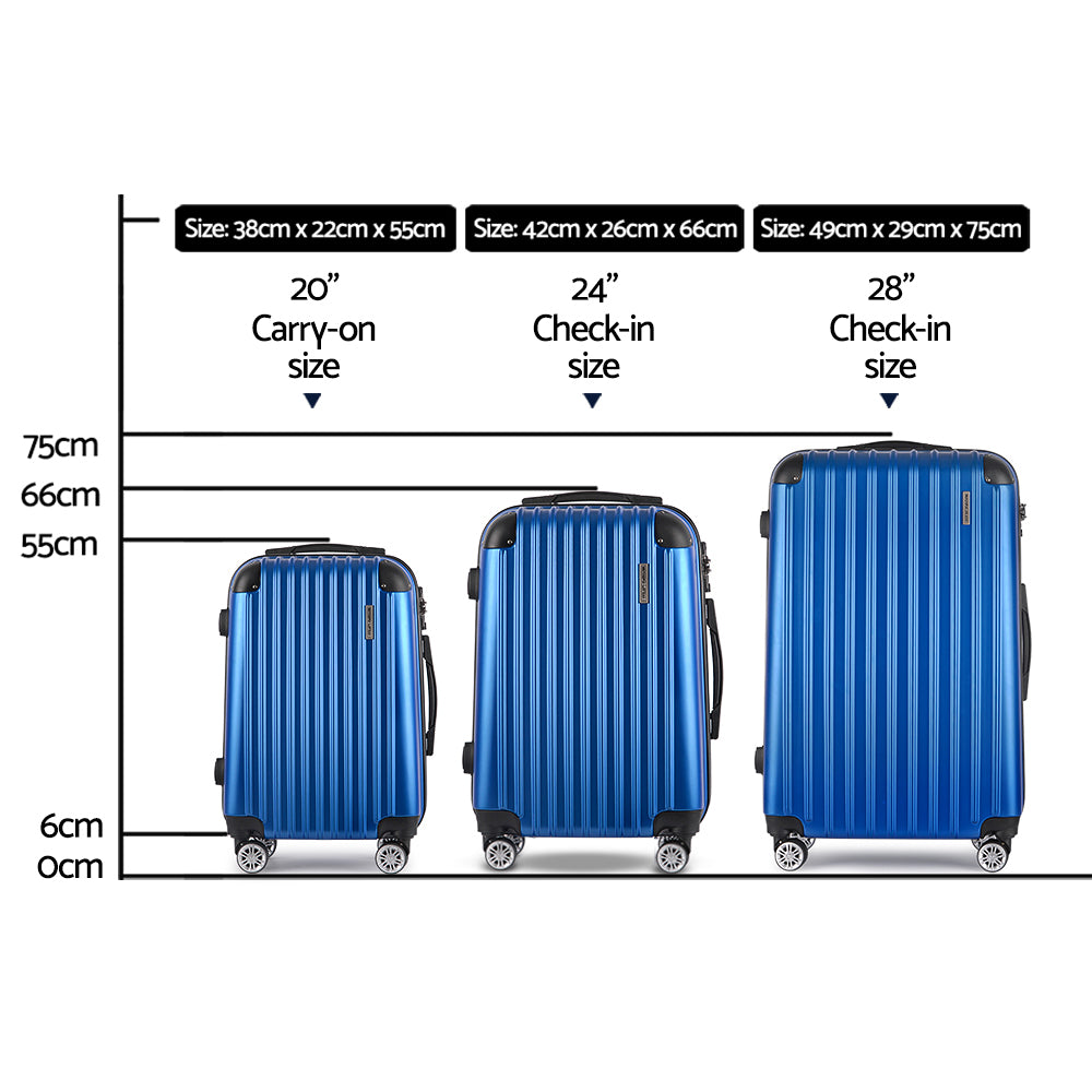 3pcs Luggage Trolley Set Travel Suitcase Hard Case Carry On Bag Blue