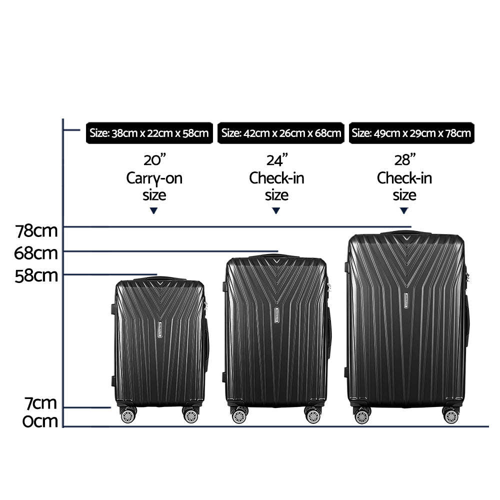 3pc Luggage 20'' 24'' 28'' Trolley Suitcase Sets Travel Hard Case Lightweight Black