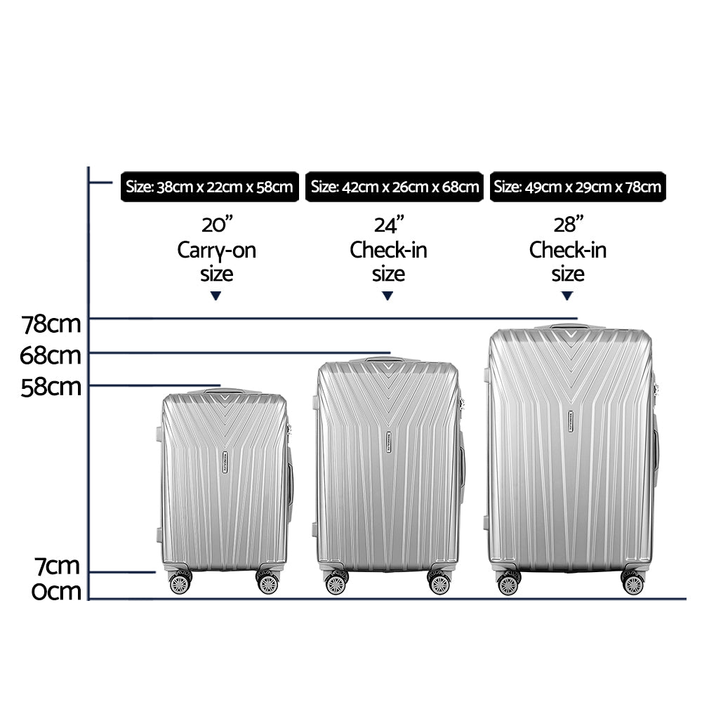 3pc Luggage 20'' 24'' 28'' Trolley Suitcase Sets Travel Hard Case Lightweight Silver