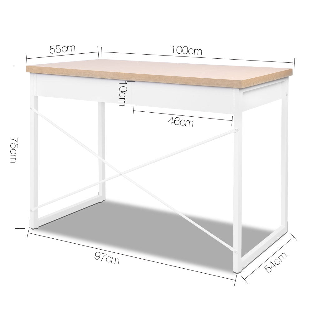 Steel Frame Desk with Drawer - White and Oak
