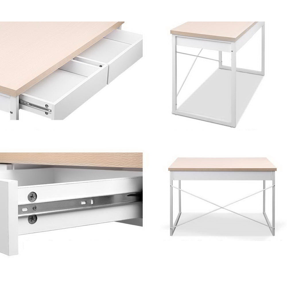 Steel Frame Desk with Drawer - White and Oak