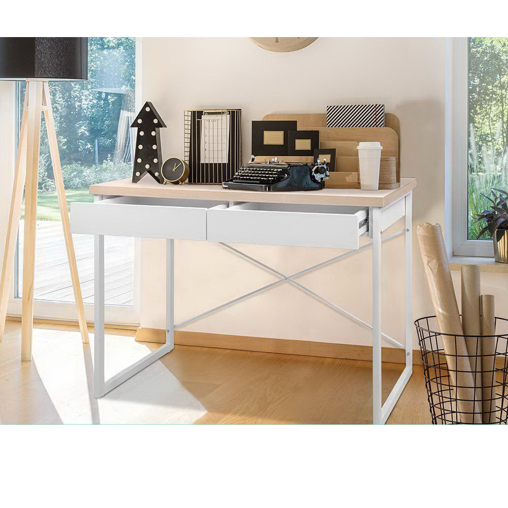 Steel Frame Desk with Drawer - White and Oak