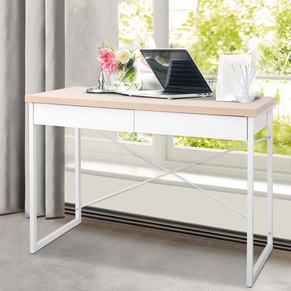 Steel Frame Desk with Drawer - White and Oak