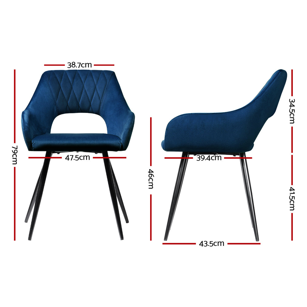 Set of 2 Dining Chairs Kitchen Chairs Velvet Upholstered Blue