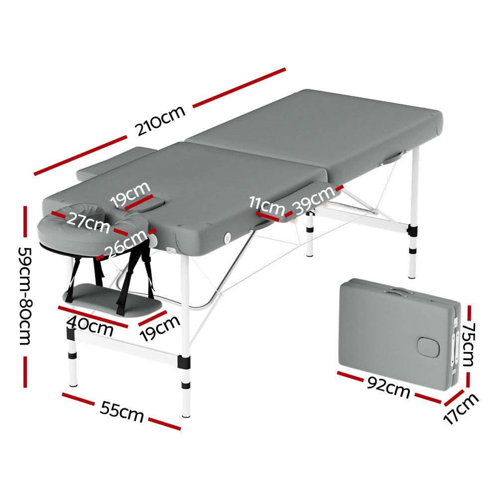 Massage Table Portable Aluminium 2 Fold Massages Bed Beauty Therapy 55cm