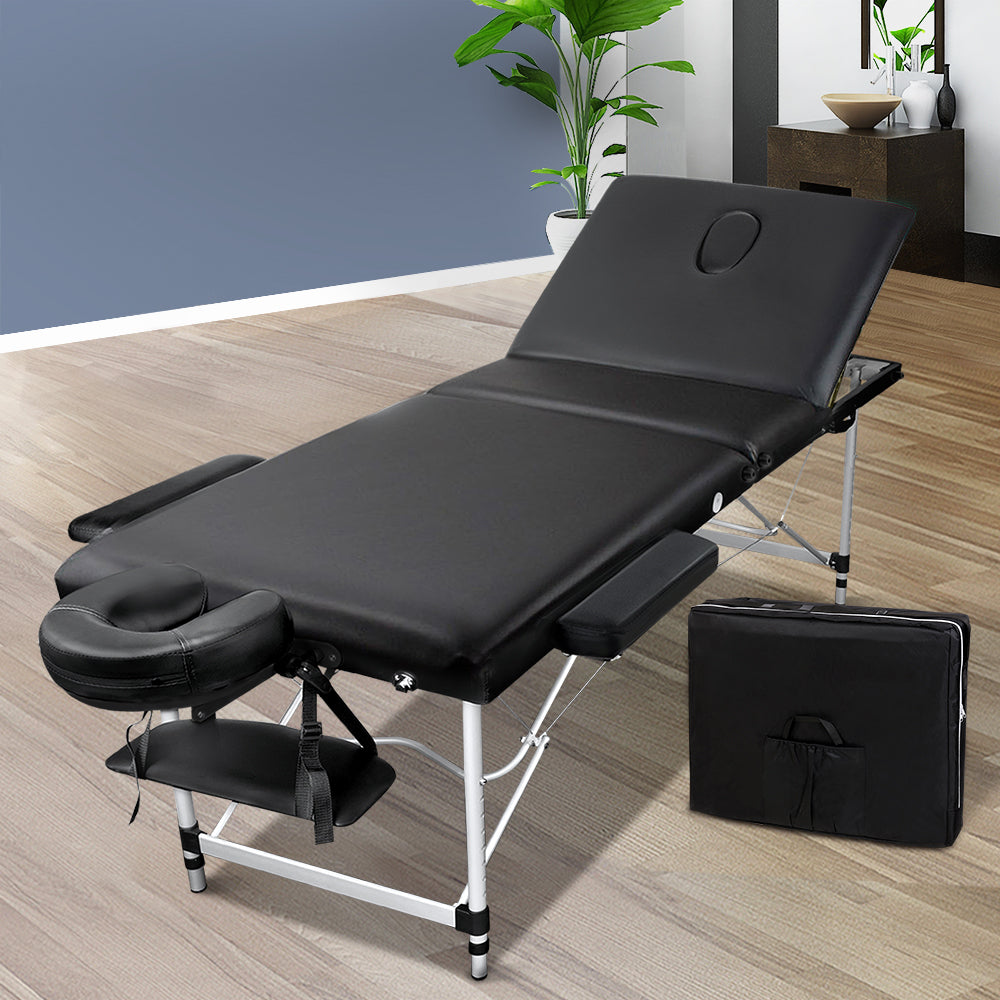 Portable 3 Fold Aluminum Massage Table - Black