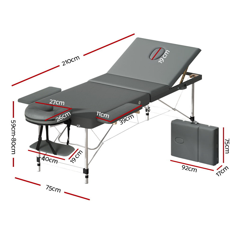 Massage Table Portable 3 Fold Aluminium Therapy Beauty Bed Waxing 75CM