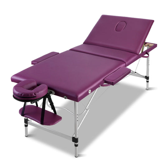 3 Fold Portable Aluminium Massage Table Massage Bed Beauty Therapy Purple 75cm