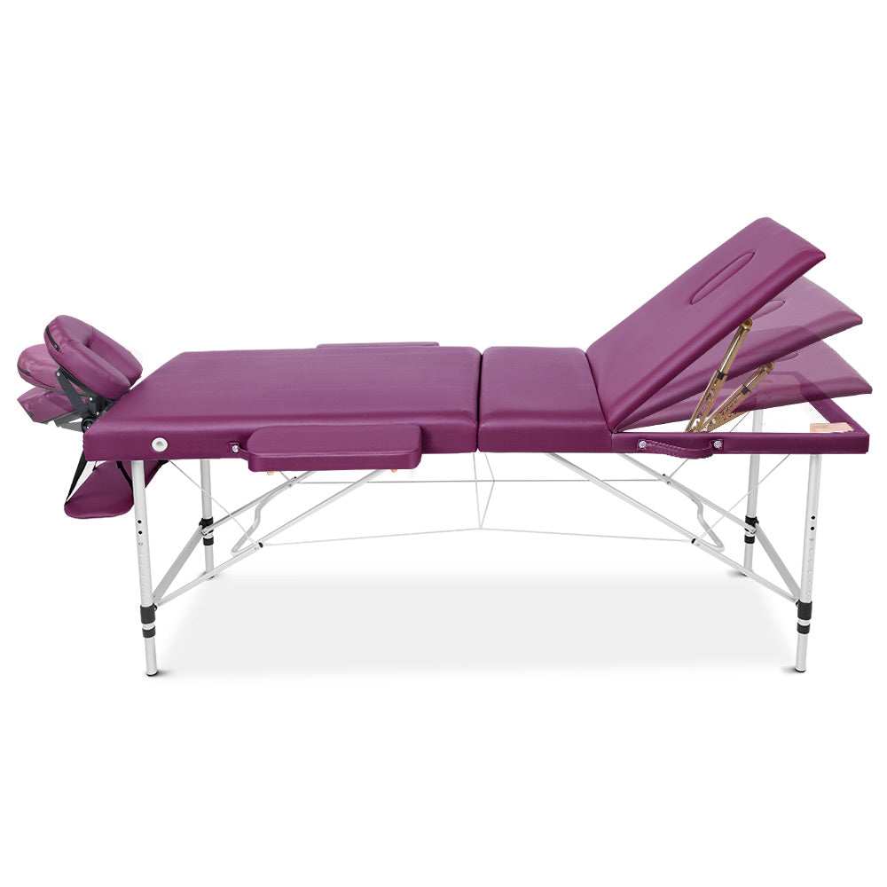 3 Fold Portable Aluminium Massage Table Massage Bed Beauty Therapy Purple 75cm