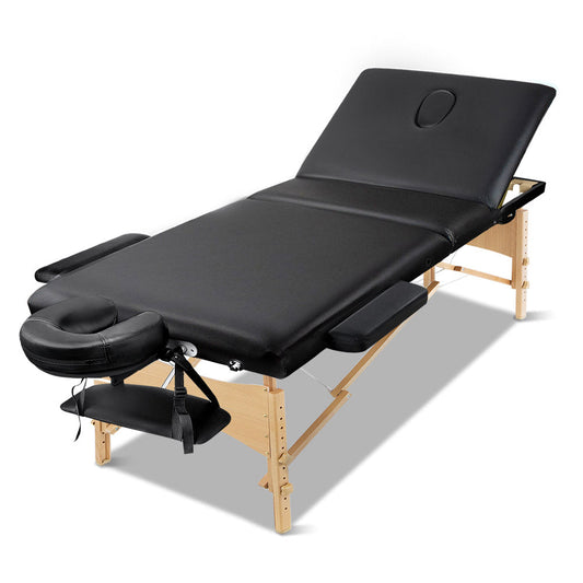 Portable 3 Fold Wood Massage Table - Black