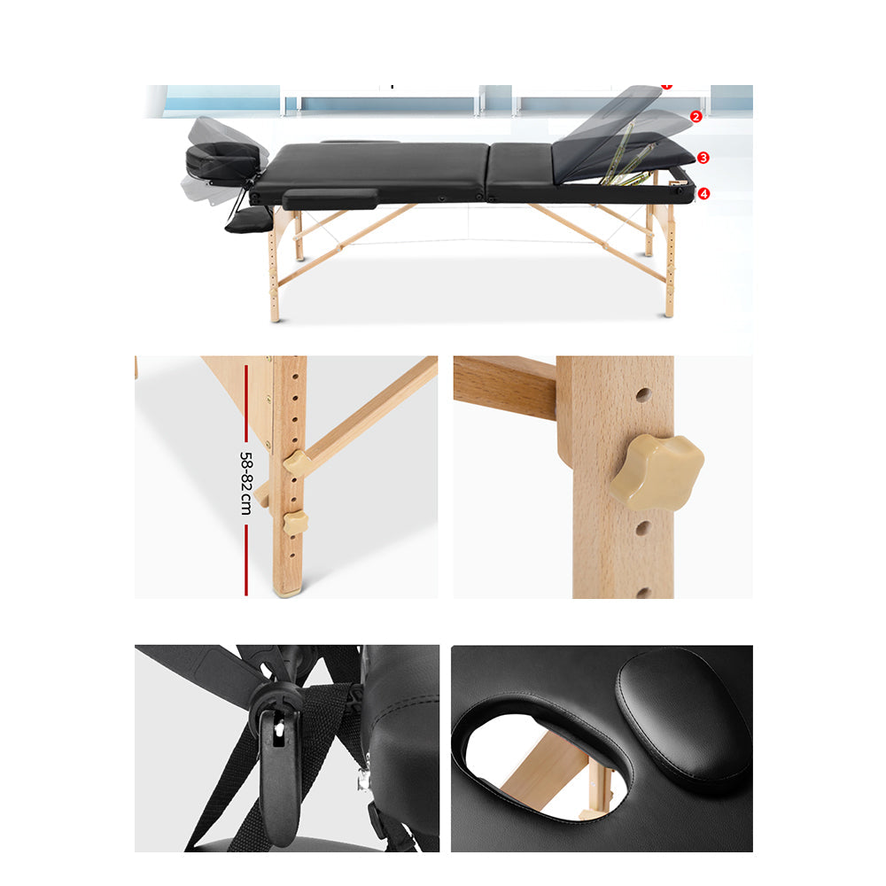 Portable 3 Fold Wood Massage Table - Black