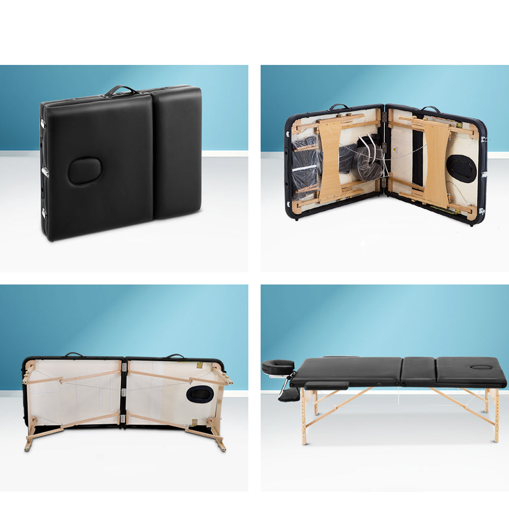 Portable 3 Fold Wood Massage Table - Black